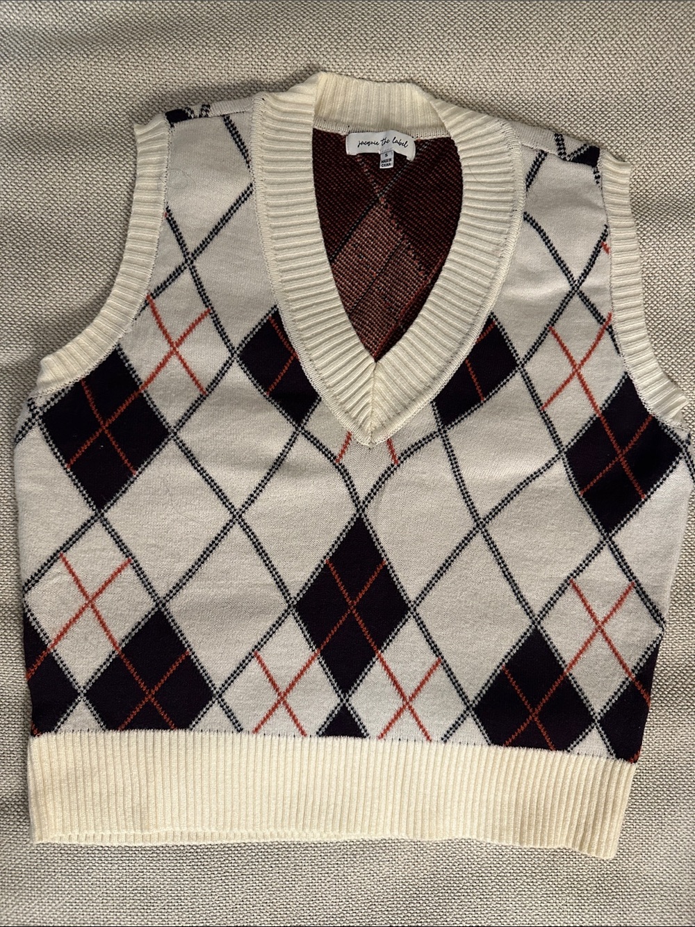 Jacqui E Ivory Argyle V-Neck Sweater Vest with Black & Red Accents